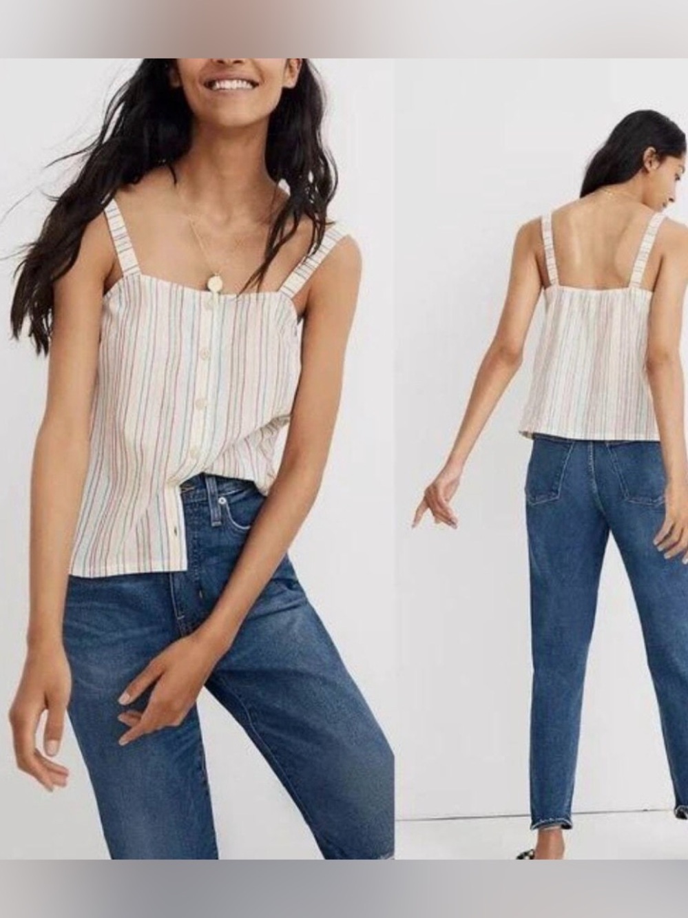 XXS Madewell Embroidered Textural Rainbow Stripe Button-Front Tank Pearl Ivory - Picture 2 of 8